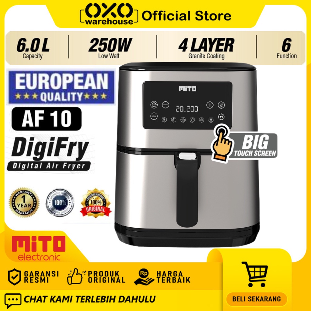 MITO Grande Air Fryer AF10 6 L DigiFry  Silver Black Touch Screen Low Watt Mesin Penggoreng Tanpa Mi