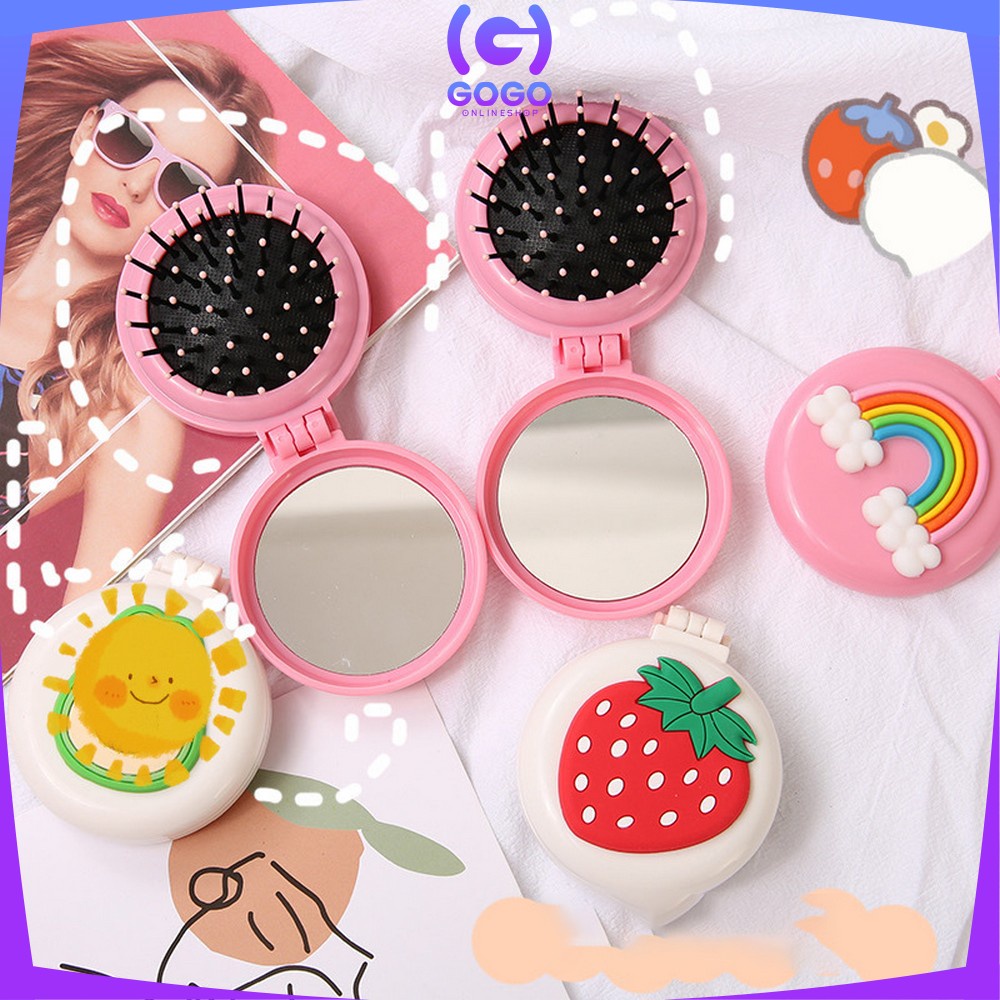 GOGO-C767 Cermin Sisir Bulat Lipat Kaca Ala Korea Sisir Compact 2IN1 Anti Kusut Motif Karakter Lucu / Sisir Lipat Bulat Cermin Portable