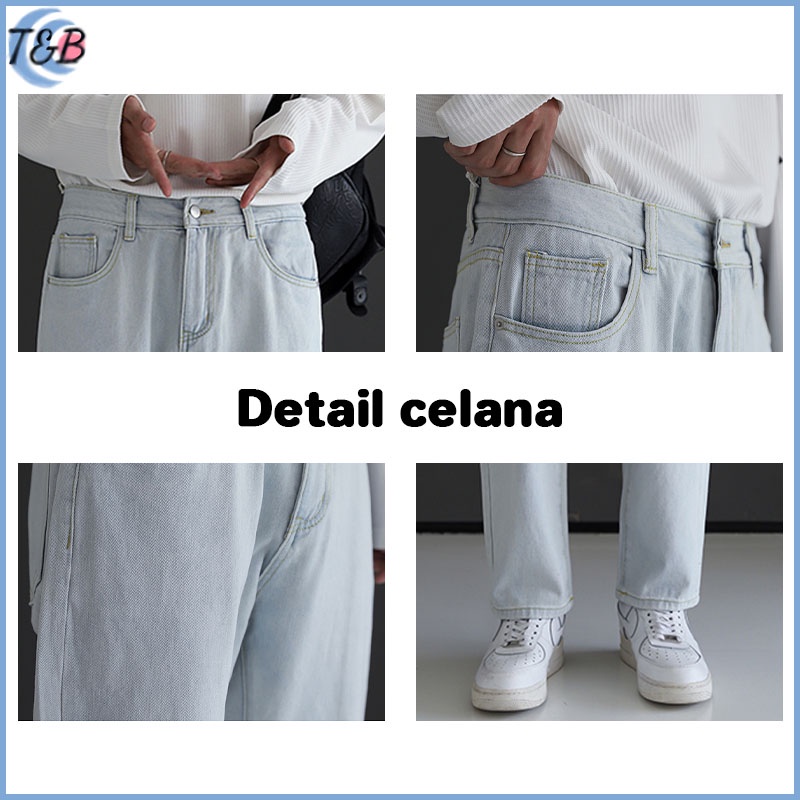 Jeans panjang pria baggy pants pria celana kulot cowok ootd korean style Celana panjang pria  celana gombrang pria premium straight pants Tidak memudar dan tidak ada bola biru muda loose fit denim