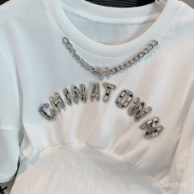 #Sisjuly# Gaun kaos lengan pendek tipis rantai huruf berlian gaya Prancis baru wanita pinggang model