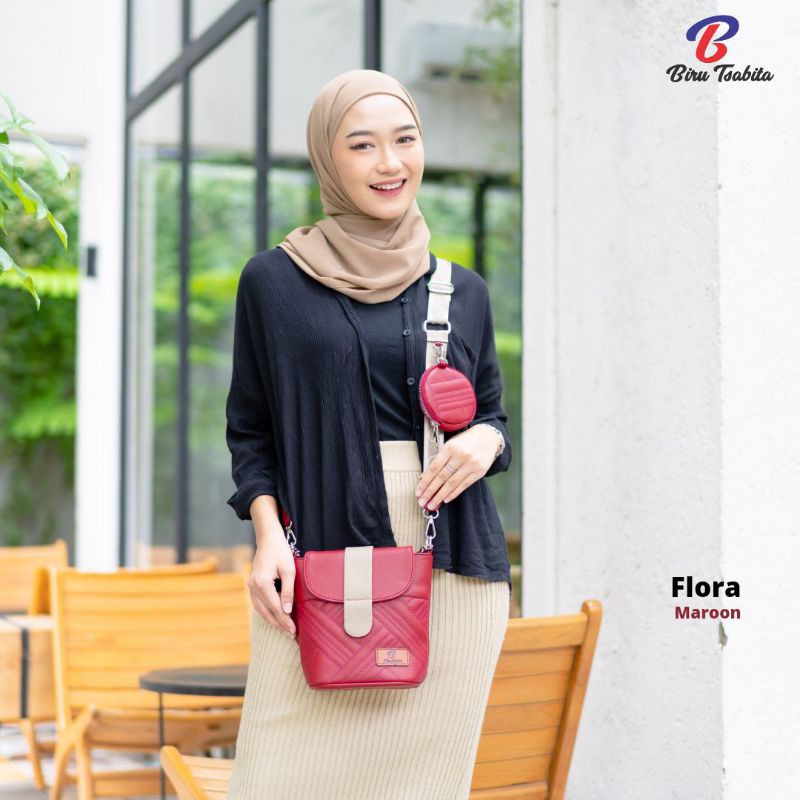 Biru Tsabita, Flora Bag Tas Slempang 2in1 Free Dompet Koin