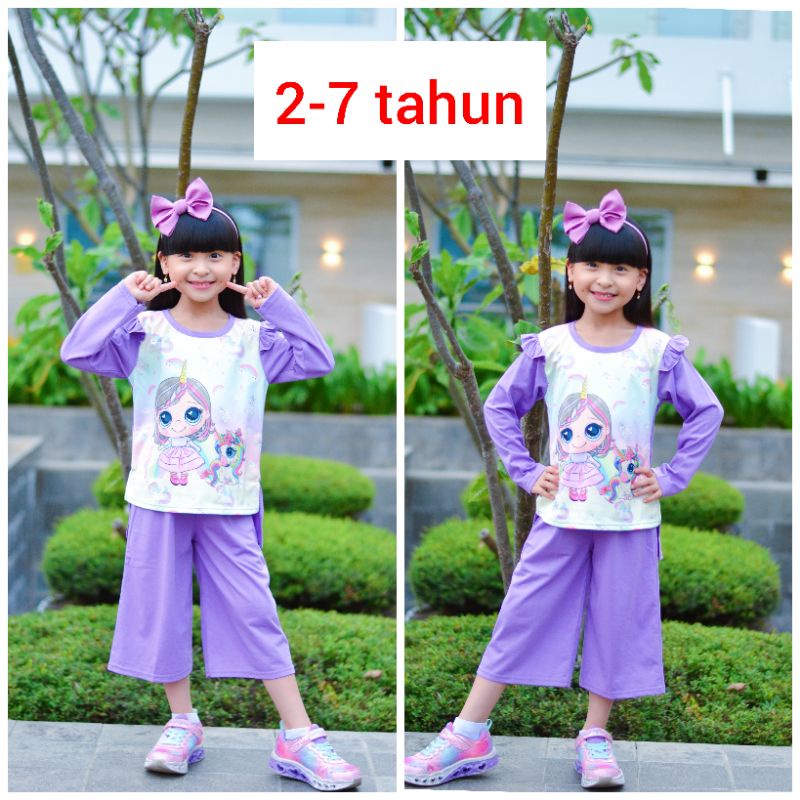 Set Anak Perempuan Cantik Model Baju Tunik Lengan Panjang Celana Kulot Bahan Kaos Nyaman Adem Halus 