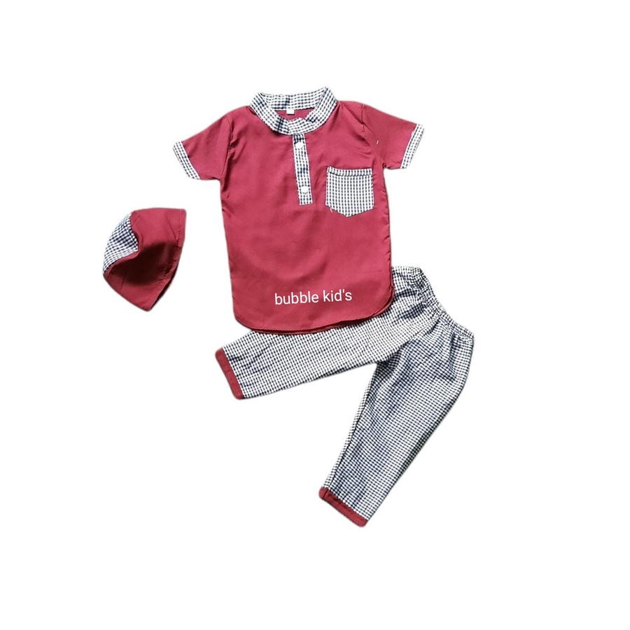 baju anak laki-laki | Koko anak bayi | Koko Turki kotak | setelan Koko + peci bayi dan anak maroon