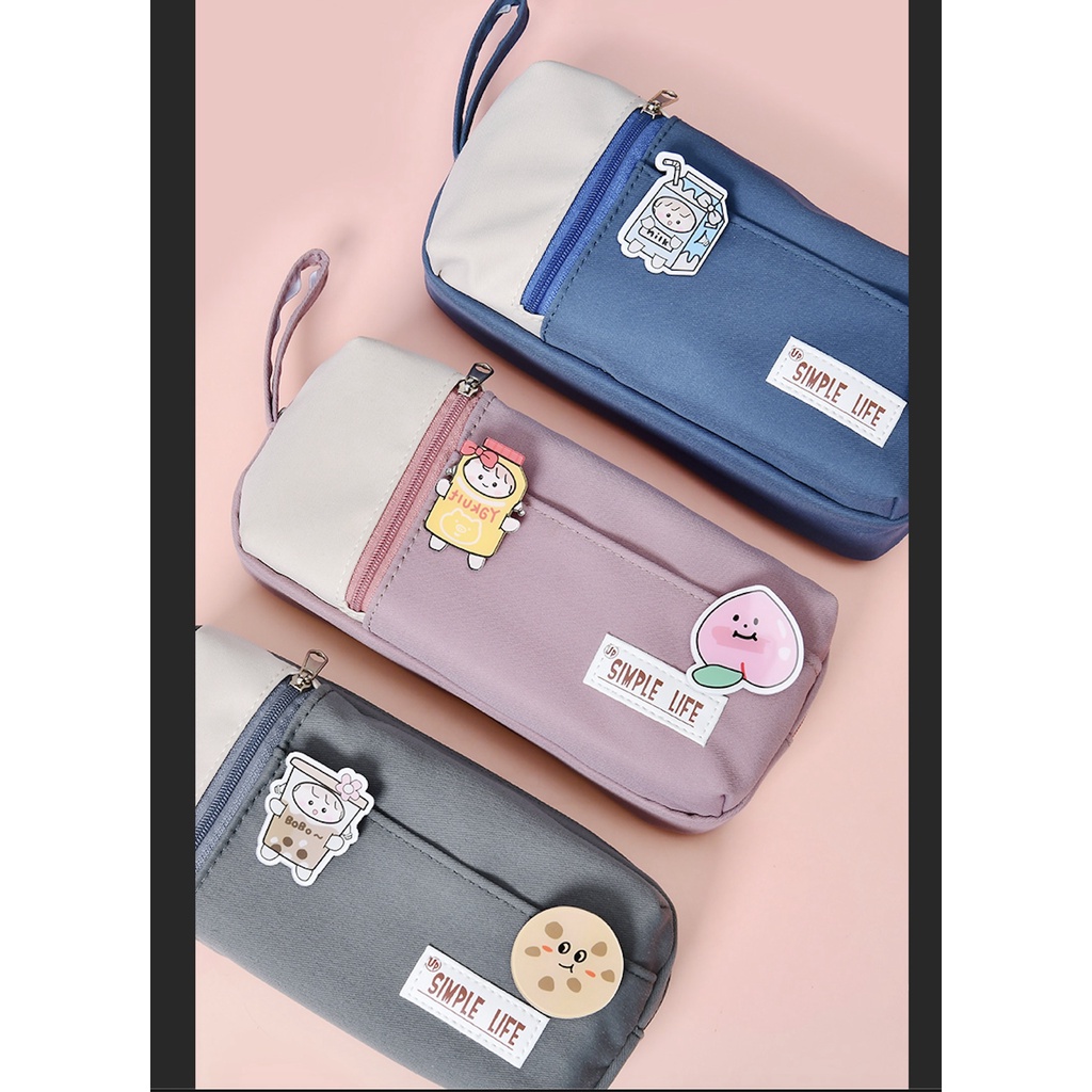 TXS04 Korean Pen Pencil Case Kain QiWi Label Water Resistant Kotak Tempat Pensil TKM