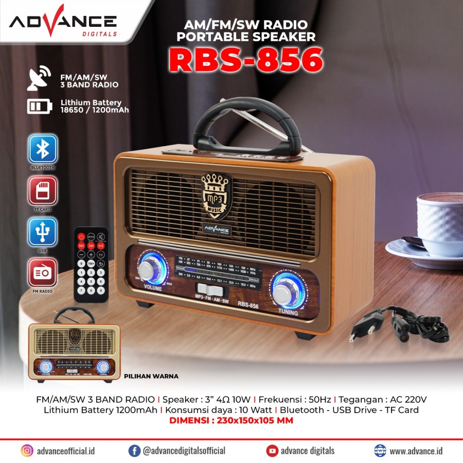 Speaker Radio Advance RBS-856 Bluetooth plus Remot  RBS 856 BT RBS- 836 Radio AM/FM/SW, memori, USB 