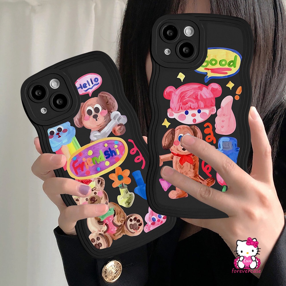 IPHONE Casing Pasangan Kompatibel Untuk Iphone13 11 14 12 Pro Max 6 6s 8 7 Plus XR 14Plus X XS Max SE 2020 Kartun Grafiti Anjing Lucu Populer Gadis Lucu Stiker Lembut Bergelombang Tepi Case