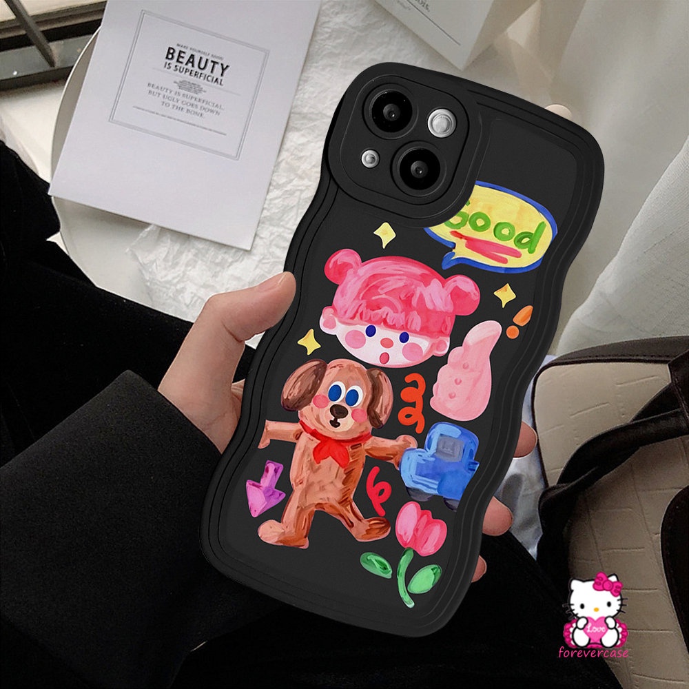 IPHONE Casing Pasangan Kompatibel Untuk Iphone13 11 14 12 Pro Max 6 6s 8 7 Plus XR 14Plus X XS Max SE 2020 Kartun Grafiti Anjing Lucu Populer Gadis Lucu Stiker Lembut Bergelombang Tepi Case