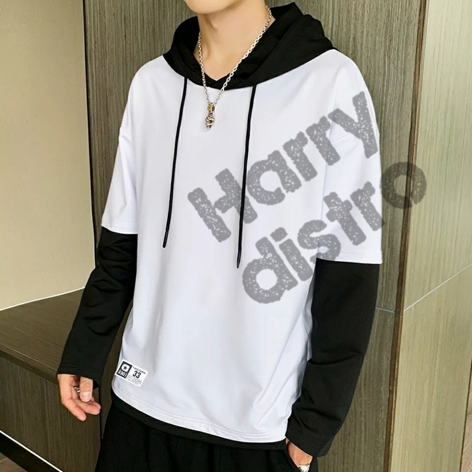 kaos kombinasi kaos korea kaos polos hitam putih kaos kupluk hoodie baju lengan panjang