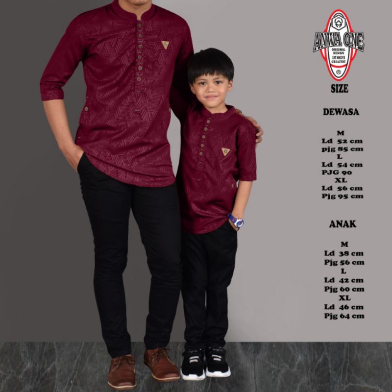 BAJU KOKO KURTA AYAH ANAK COUPLE MODEL KERAH V EMBOSS ORIGINAL ANWA ONE MURAH