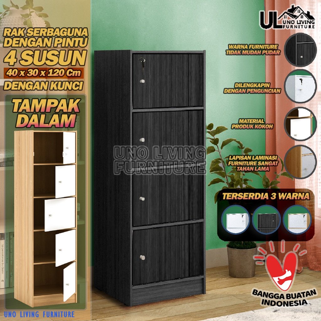 LEMARI RAK BUKU SERBAGUNA 4 SUSUN KAYU DENGAN KUNCI TERBARU MURAH LEMARI BUKU RSG PINTU