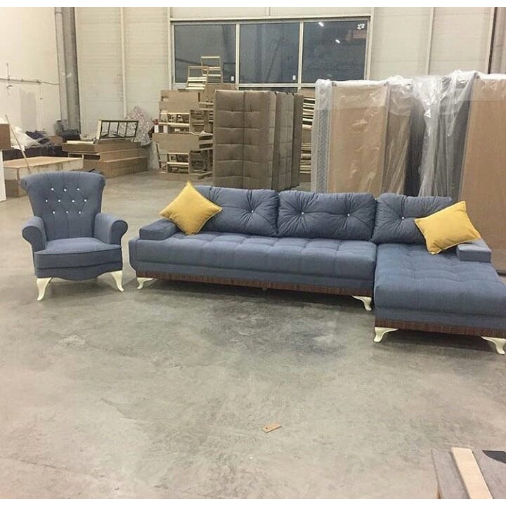 Set Sofa Sudut Model L Dan Sofa 1 Seater Rangka Kayu Mahoni