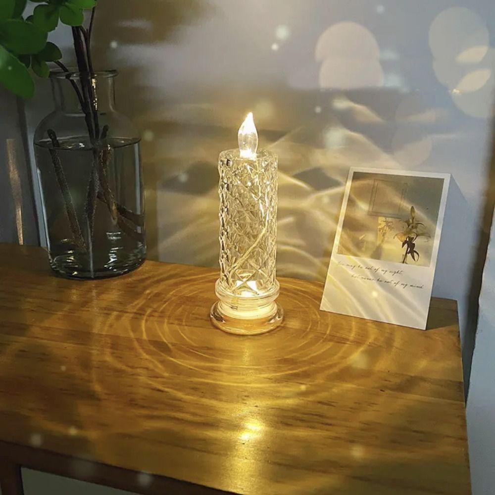 Agustinina Lampu Meja Kristal Pesta Romantis Lilin LED Berlian Motif Mawar Lampu Malam