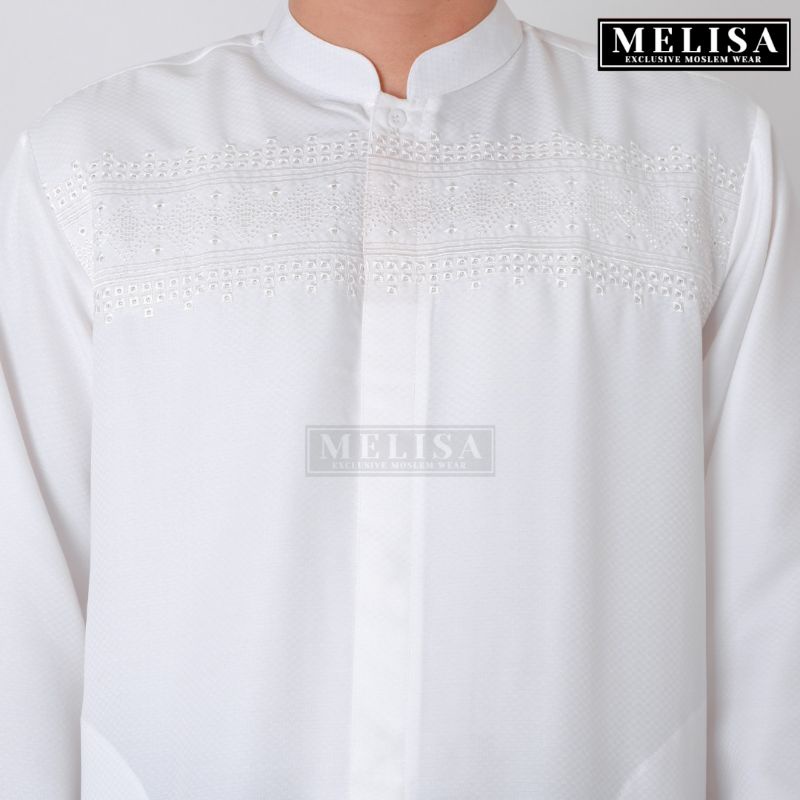 baju koko pria lengan panjang warna putih tulang bahan poli katun motif bordir size M L XL