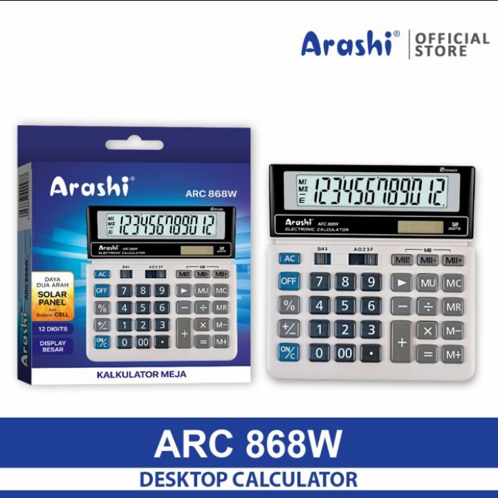 Arashi Calculator ARC 868 White/ BLACK - Kalkulator 12 Digital - Tahan - Awet