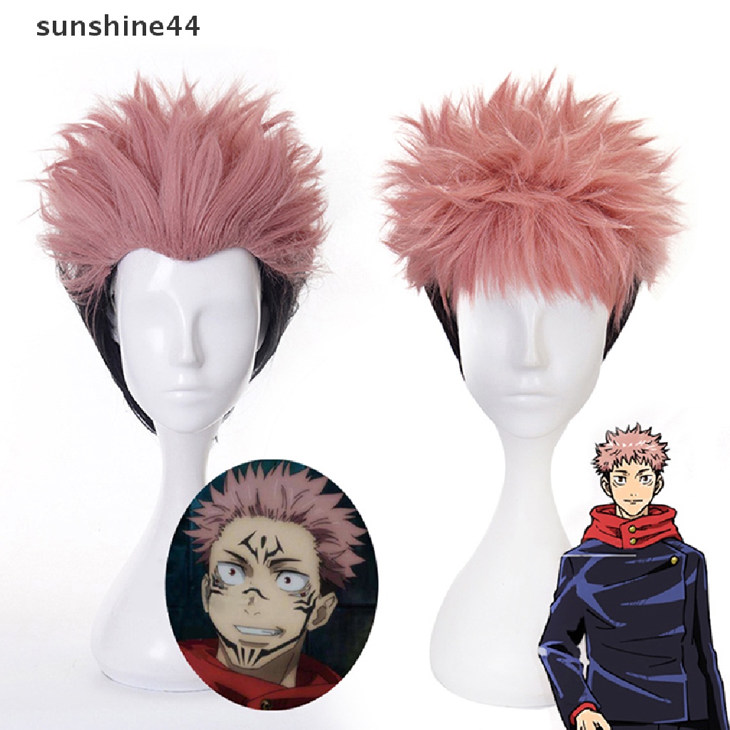 Sunshine Anime Jujutsu Kaisen Cosplay Yuji Itadori Wig Pink Hitam Pendek Tahan Panas Serat Rambut Wig Pesta Wig Cosplay Wig.