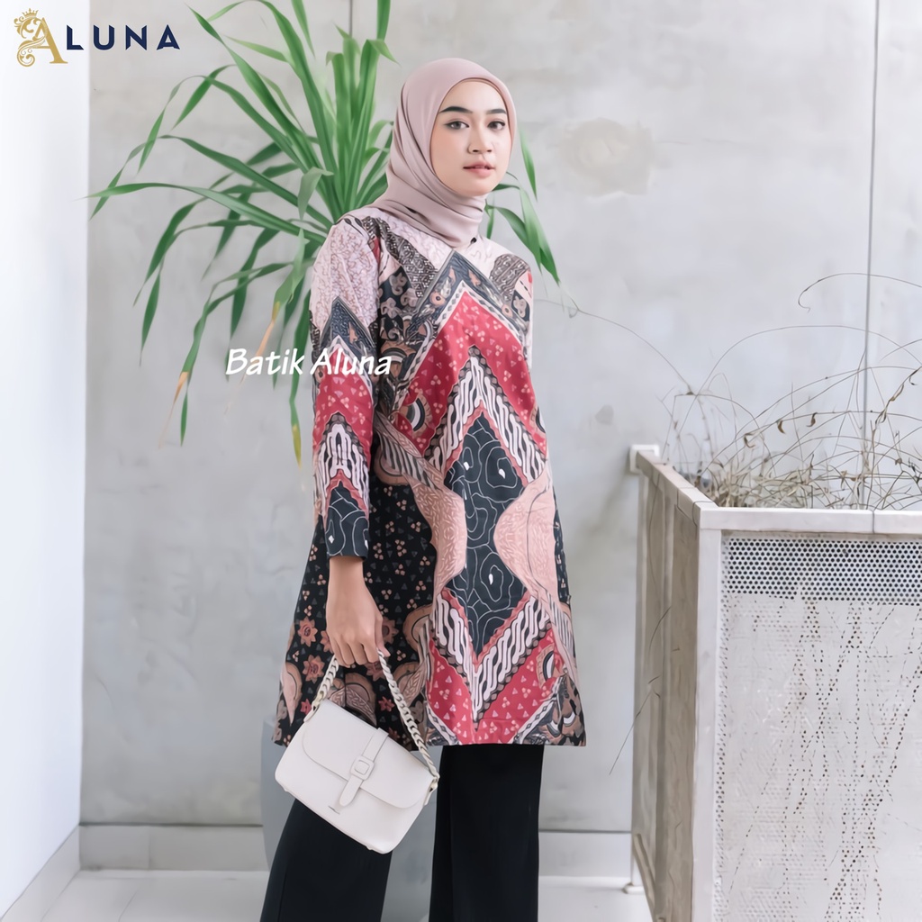 Baju Batik Wanita Tunik Lengan Panjang Katun Lapis Trikot Premium Modern Original Batik Kerja Kantor Kondangan Size M L XL XXL