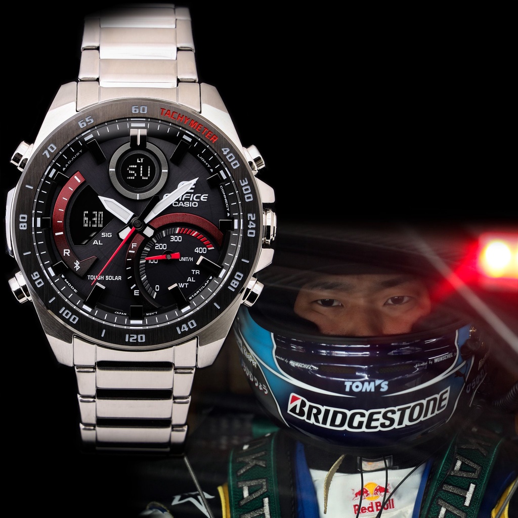 Jam Tangan Pria C*s*o ED*F*C* ECB-900DB-1A ECB-900 Dual Time Red Silver Steel