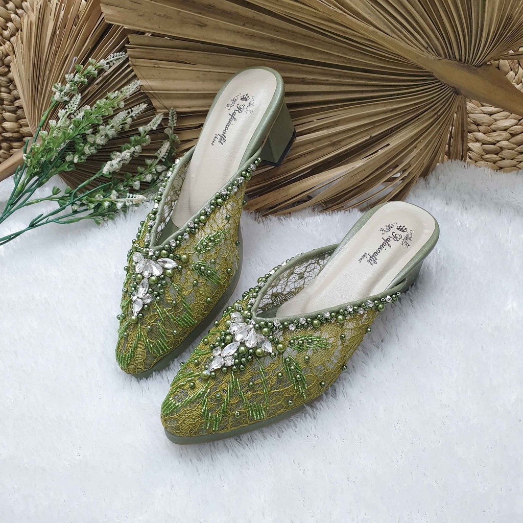 Sepatu wedding pesta cantik alena iceblue &amp; olive hak tahu 5/7 cm