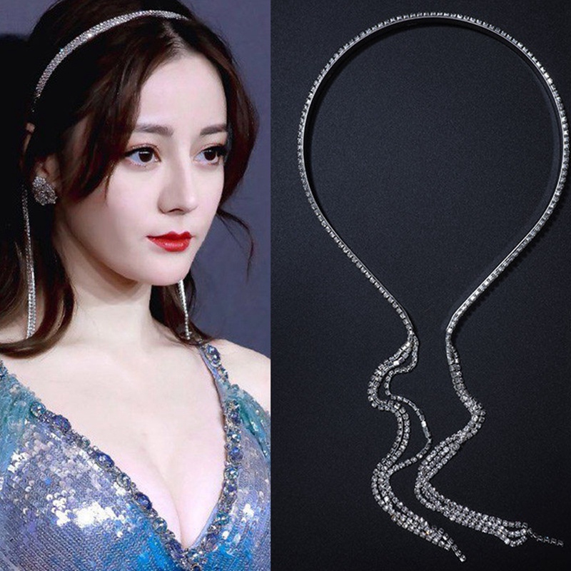 Bling Bling Berlian Imitasi Ikat Rambut Untuk Wanita Panjang Rumbai Busur Band Desainer Korea Bando Logam Pernikahan Rambut Band Aksesoris