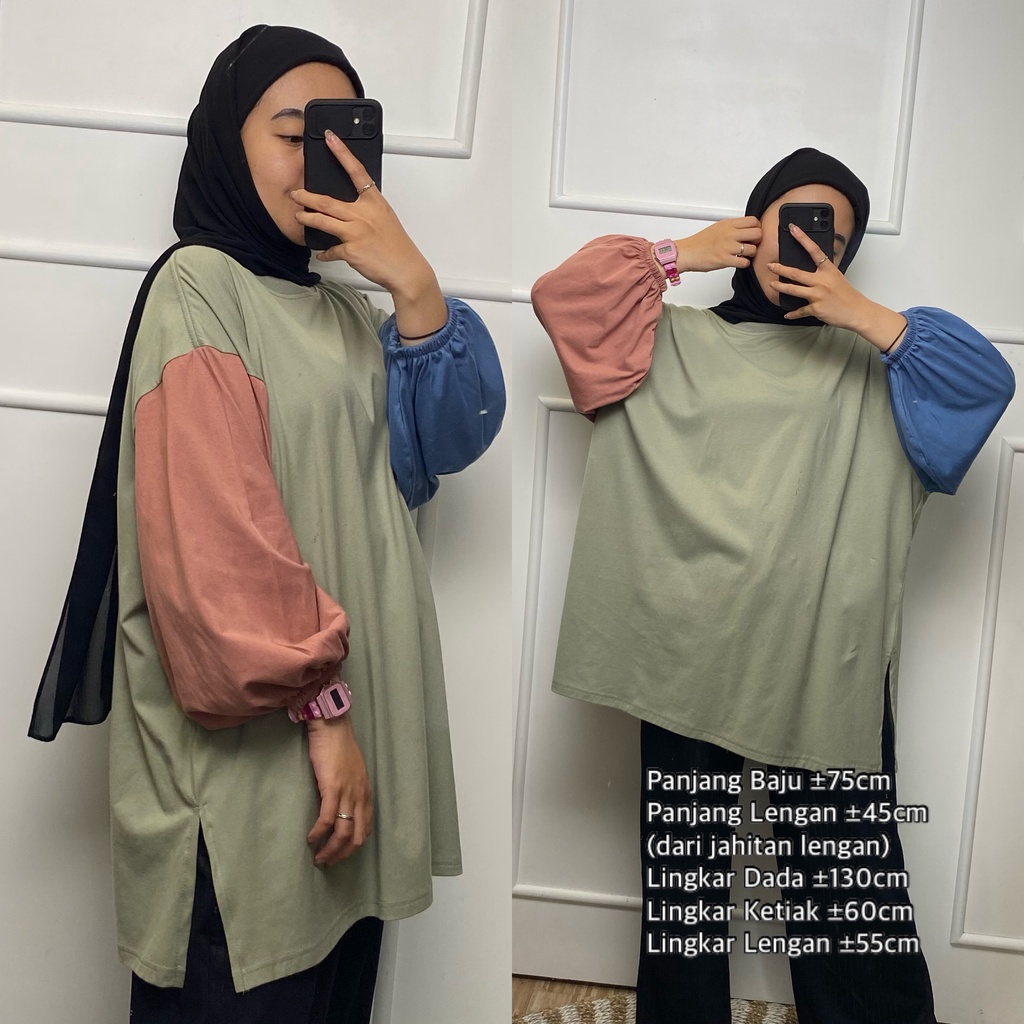 Kaos Wanita Lengan Panjang Blouse Lengan Balon Oversize