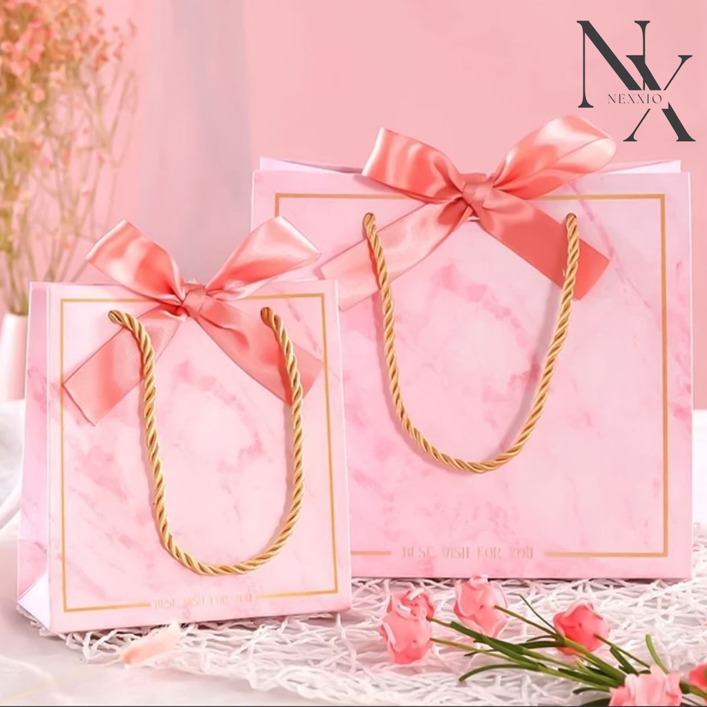 NEXXIO Paper Bag Mewah Premium plus Pita / Paperbag Marble premium  / Paper Bag Marmer / Kado Kertas Kantong / Paper Bag Kertas Karton dengan Pita Aneka Motif