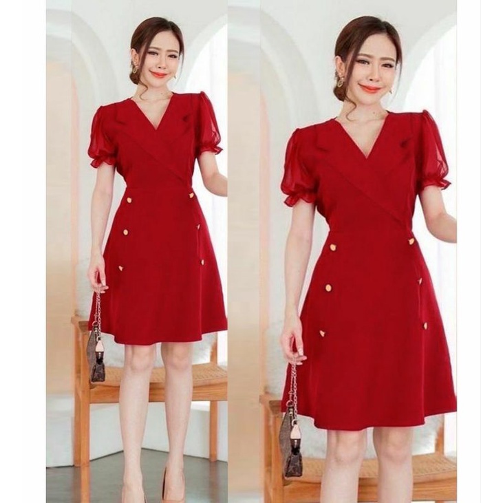 DRESS SCUBA SERINA MINI DRESS KOREAN STYLE TILE DRESS SINCIA MERAH MARON CASUAL DRESS PREMIUM