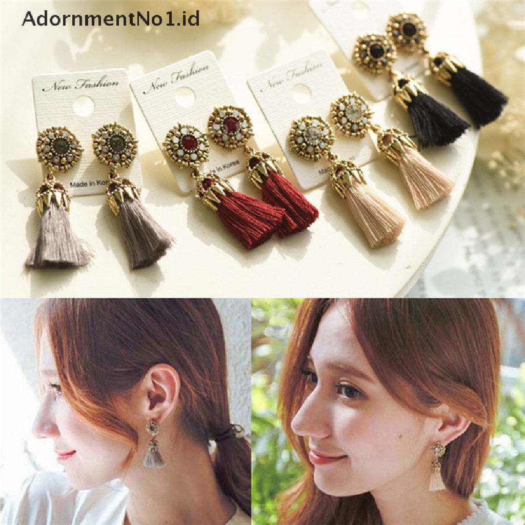 [AdornmentNo1] Wanita Gaya Retro Berlian Imitasi Rumbai Menjuntai Stud Kristal Anting Perhiasan Hadiah [ID]