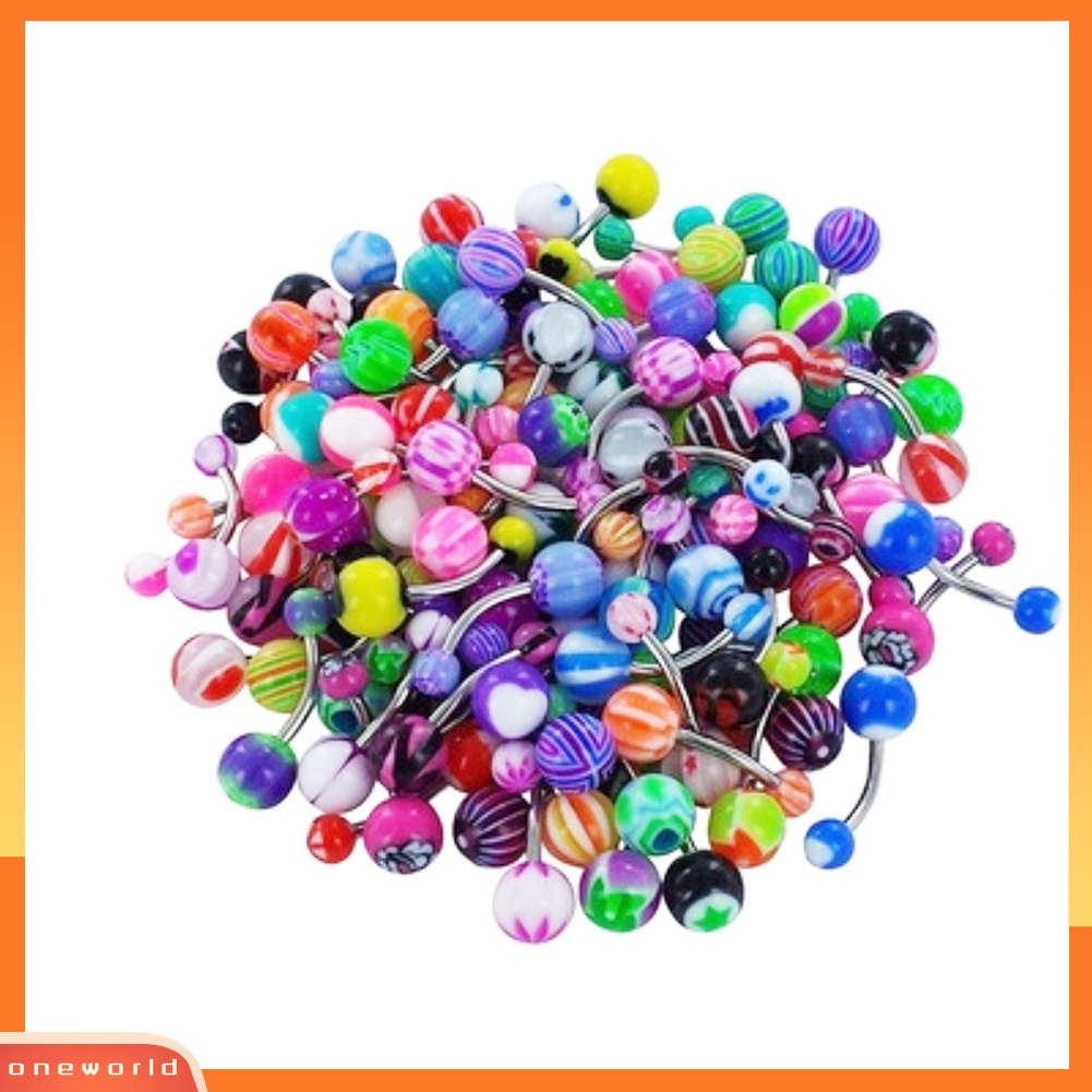 [oneworld] 100 Pcs Warna Campur Bola Pusar Pusar Pusar Cincin Barbel Perhiasan Tindik Tubuh