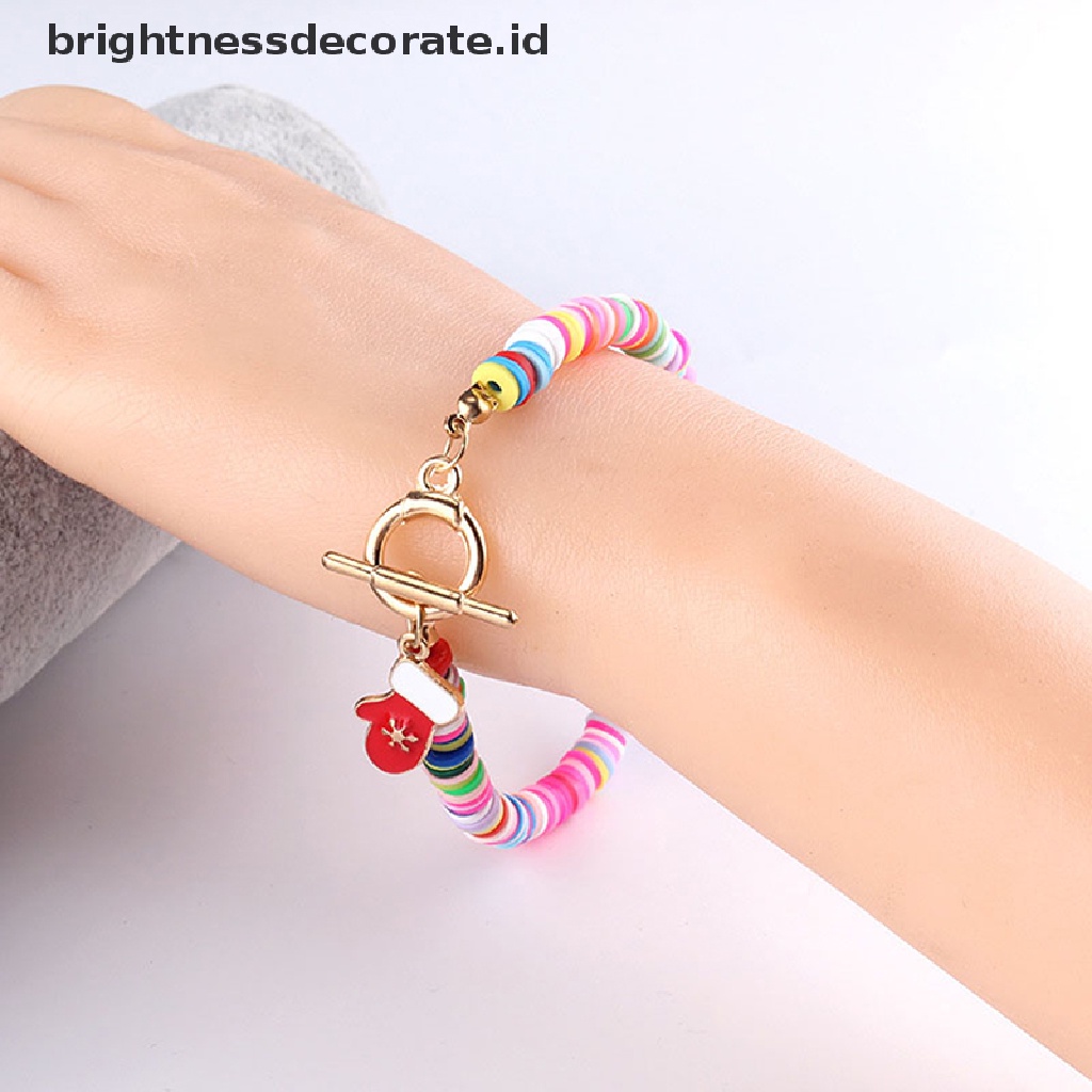 [Birth] Natal Warna-Warni Datar Putaran Clay Beads Longgar Gelang Polimer Xmas Rusa Kaus Kaki Independen Gelang Xmas Pesta Jewely Hadiah [ID]