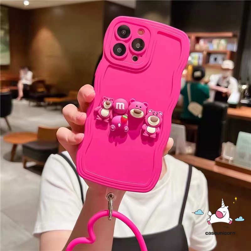 Kartun 3D Lucu Losto Decor Case Kompatibel Untuk iPhone 11 Pro MAX 7plus 8plus 14 7 8 Plus XR 14 12 13 Pro MAX X XS MAX Shockproof Simple Wave Edge Soft TPU Back Case Dengan Gelang