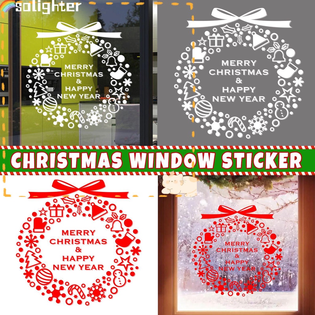 Solighter Stiker Jendela Dinding Rumah Sticker Dekorasi Snowflake Merry XMAS Wreath