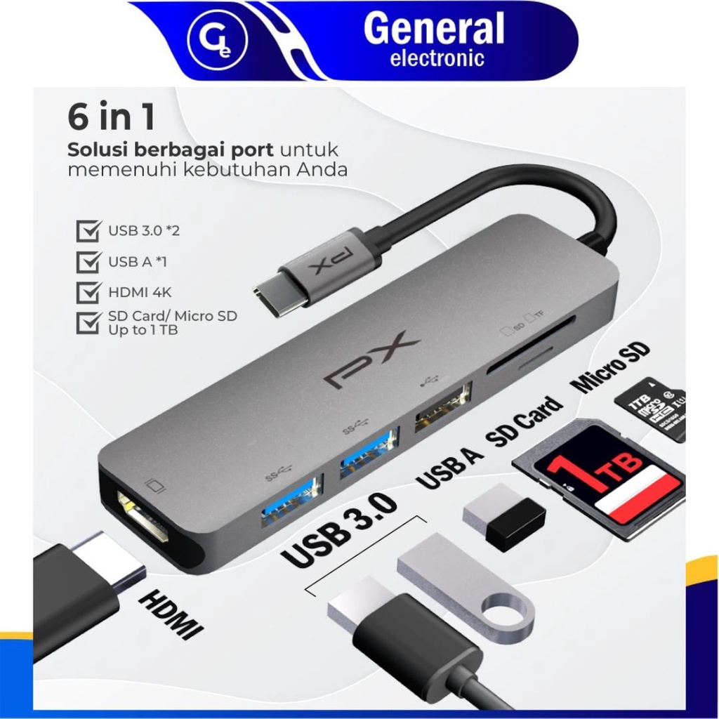 Type C 3.1 to HDMI Hub Converter USB Micro SD Card 6 in 1 PX UCH160