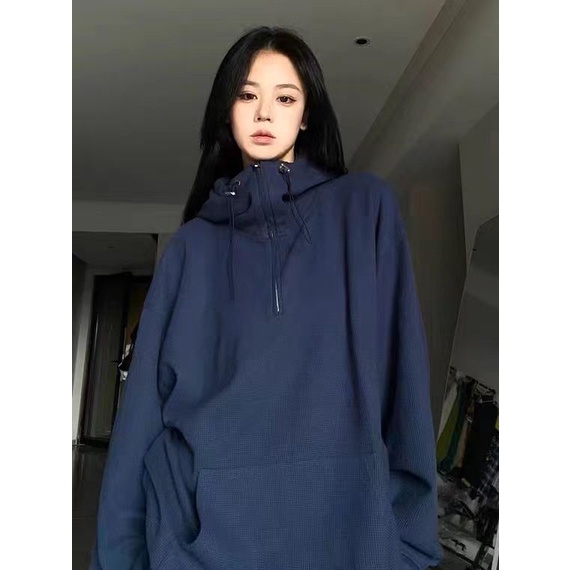 ☄✕Malas angin ritsleting wafel sweater wanita kebesaran rasa desain longgar ceruk lengan panjang awal musim gugur atasan Korea