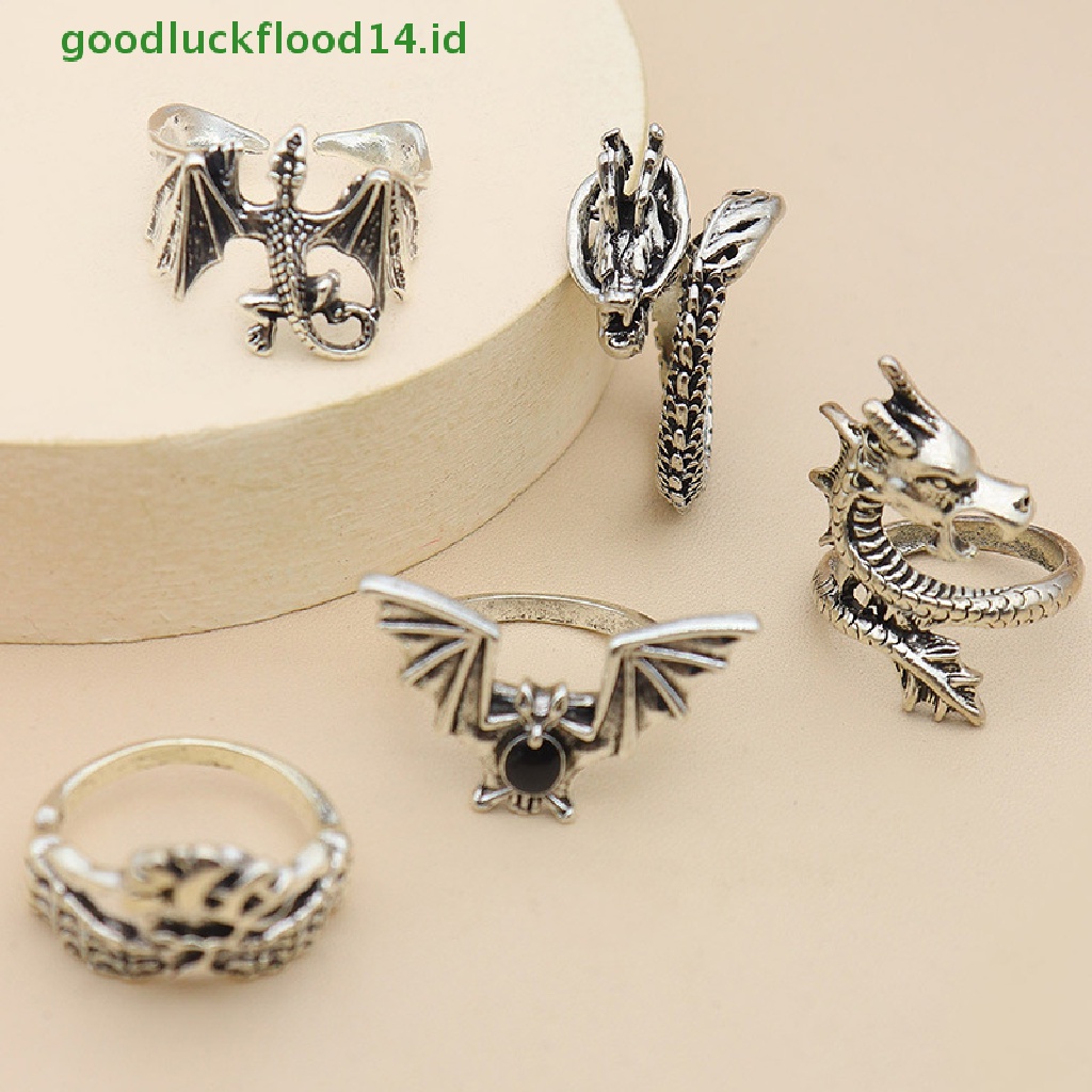 [GOOGFOUR] 5pcs/set Vintage Hip Hop Punk Naga Ular Kupu-Kupu Kelelawar Tengkorak Retro Knuckle Joint Rings Wanita Gothic Finger Ring Set Perhiasan Baru [TOP]