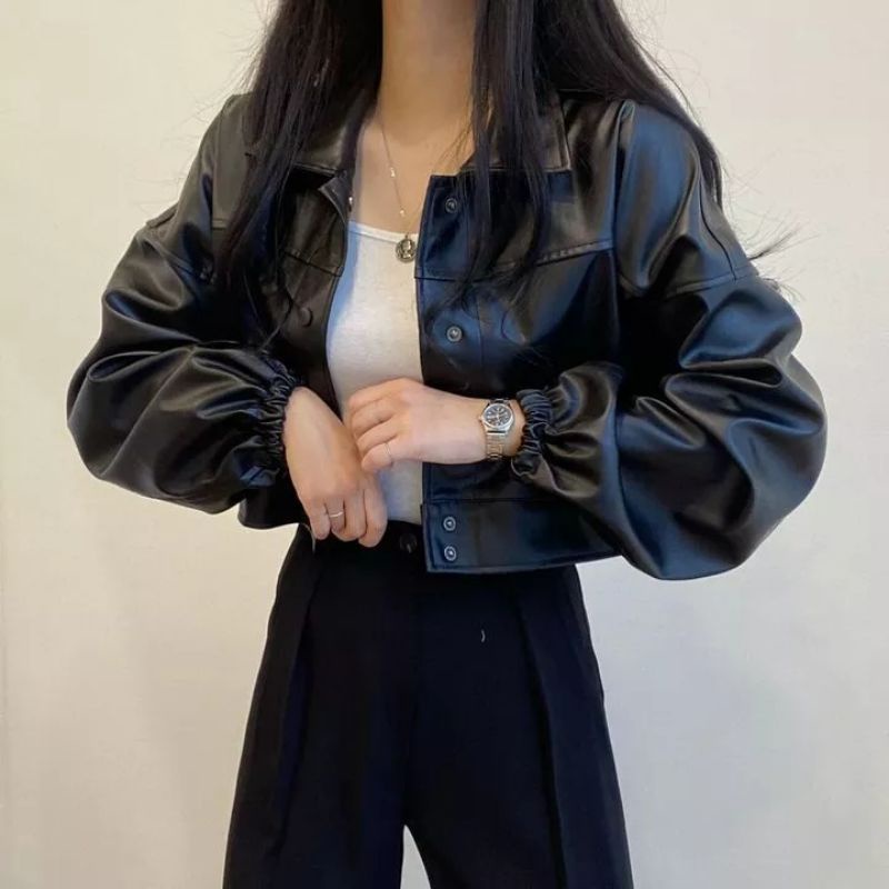 Mantel Kulit Antik Wanita 2020 Baru Longgar Hitam Pu Jaket Wanita Single Breasted Punk Pendek Faux Kulit Mantel Mujer