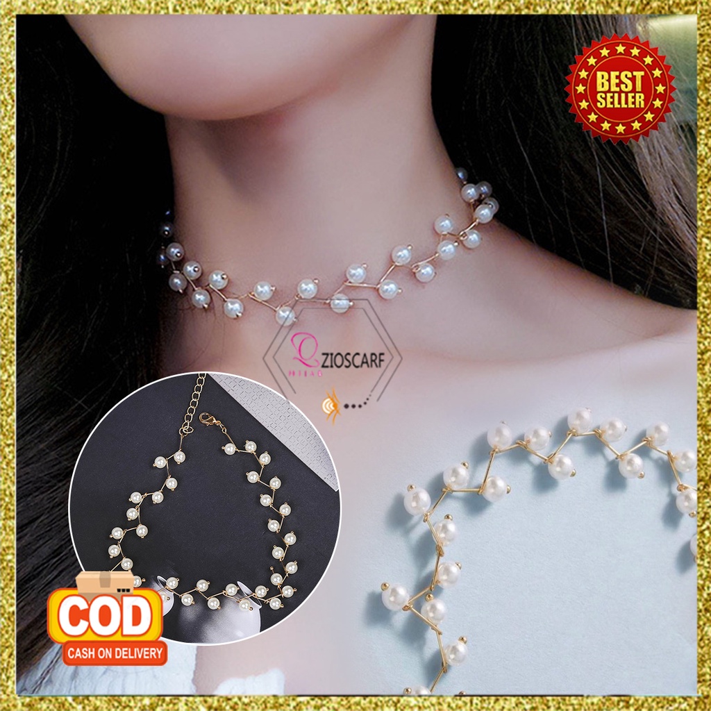 Kalung Titanium Wanita Korea Aksen Mutiara Pearl Rantai Zigzag Aksesoris Hiasan Kualitas Bahan Import KLG58