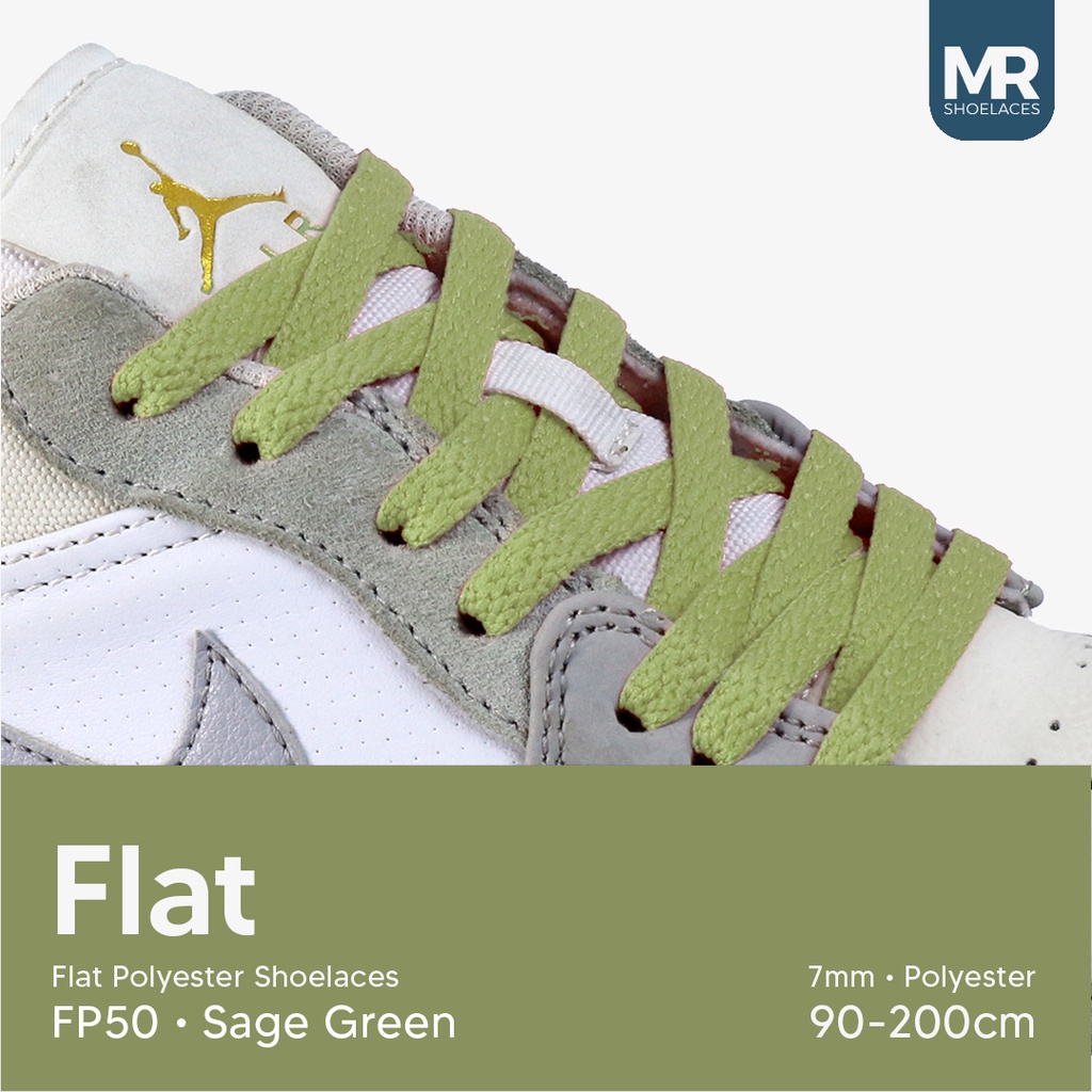 MR Shoelaces FP50 Sage Green (Hijau Muda) Tali Sepatu Polyester Pipih Flat 7mm 80cm 90cm 100cm 120cm 130cm 150cm 180cm 200cm untuk Sneakers - Premium Shoelace