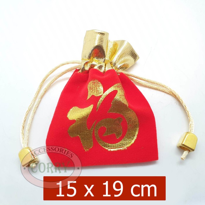 Produk Terbaru Tas Imlek Koin 15 X 19 Cm Angpao Kecil Emas Gold Merah Fu Kain Gantung