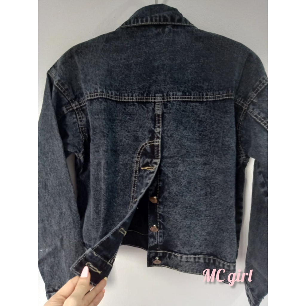 MC girl - Jaket Jeans Wanita Warna Snow Black / Jacket Denim Snow Black Kancing Belakang