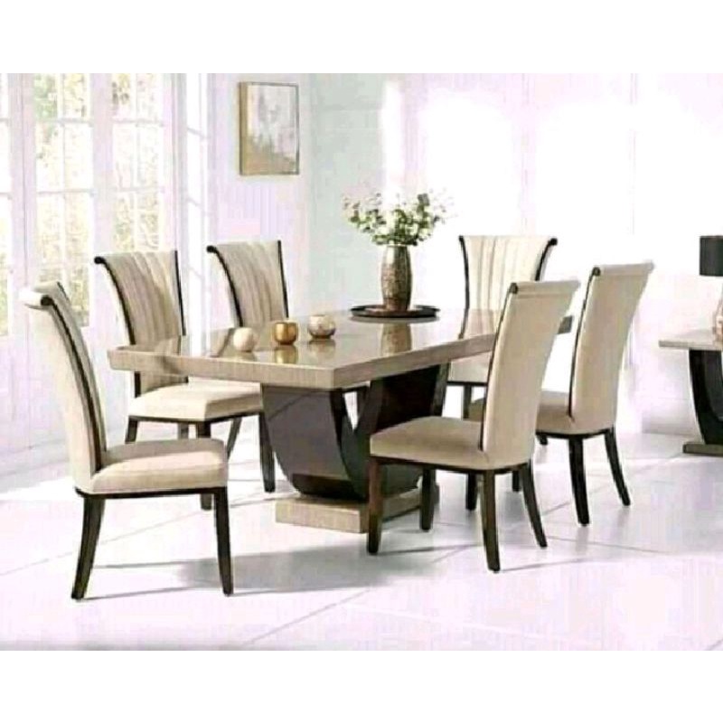 SET MEJA MAKAN MINIMALIS 8 KURSI TOP MARMER CREAM ASLI, SET KURSI MAKAN 8 KURSI MINIMALIS TOP MARMER