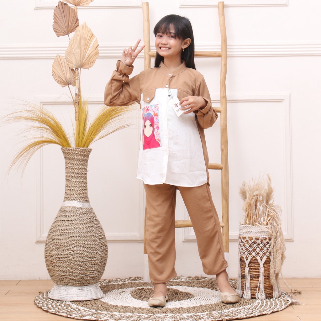 Setelan Anak Perempuan Bahan Cringkle Airflow Minigo Motif Gambar Usia 4 - 11 Tahun