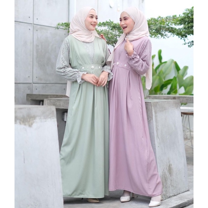 [ORI] Narin Dress Ld 102/Dress Sage Brukat/Dress Kondangan/Gamis Brukat Sage/Dress Remaja/Dress Seragaman