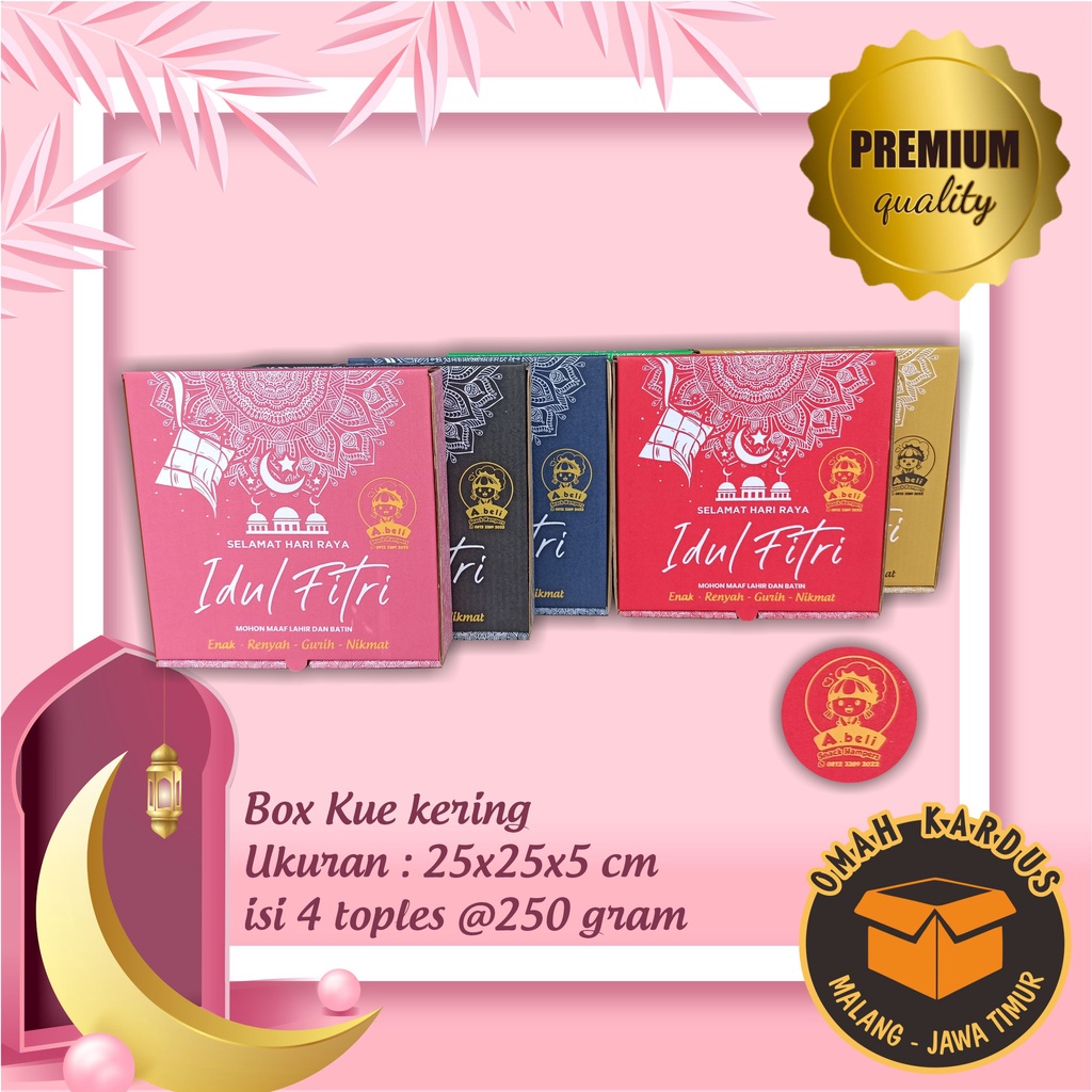 

PO 25x25x5 cm CUSTOM SABLON LOGO KARDUS BOX KUE KERING ISI 4 TOPLES @250 gram CUSTOM SABLON