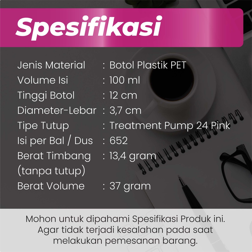 Botol Pump 100 ml / Botol PET 100 ml Pump Treatment 100 ml Pink Full Cover