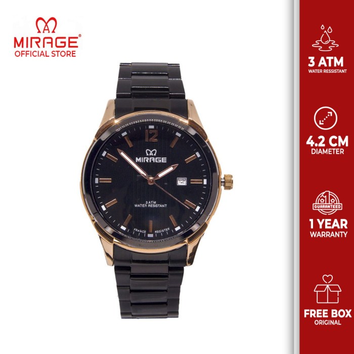 {CollectionStore}  Jam Tangan Mirage Pria Terlaris Hitam Rosegold 7570M Berkualitas