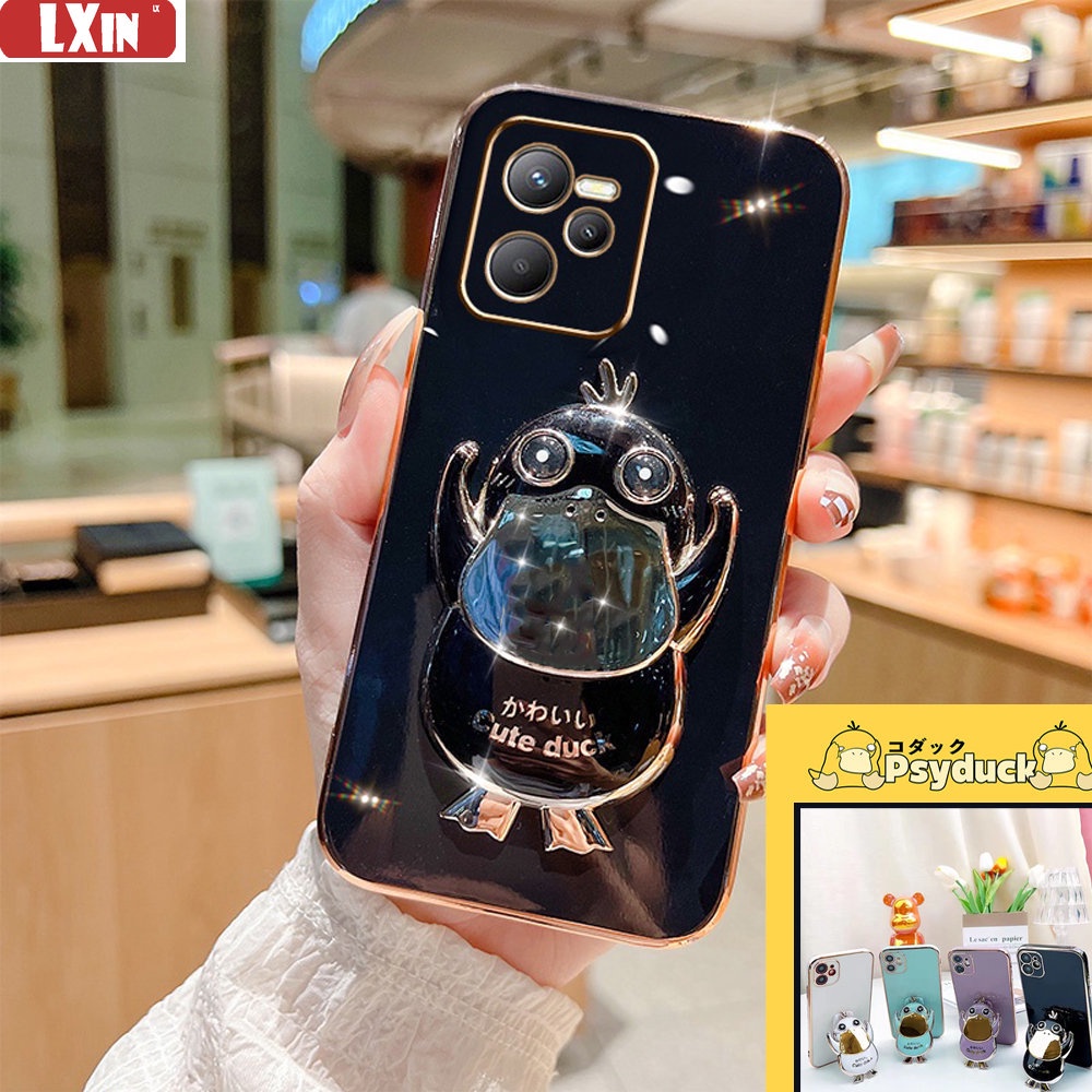 Cute Psyduck Case for Realme C35 C21Y C25Y Realme 8i C11 2021 C15 C12 C25 C25s C20 RealmeC2 5 Pro 6i 7i Narzo 30A Cases Plating Duck Folding Stand Holder Rubber Soft Phone Cover