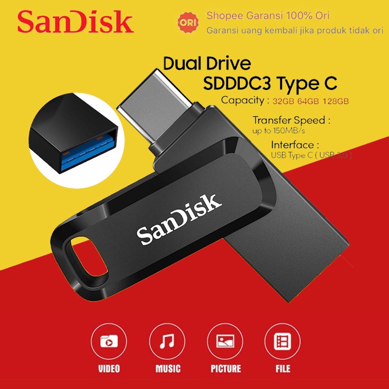 Sandisk Flashdisk OTG Type C hp 32GB 64GB 128GB SanDisk Dual Drive USB 3.1 Memory Stick