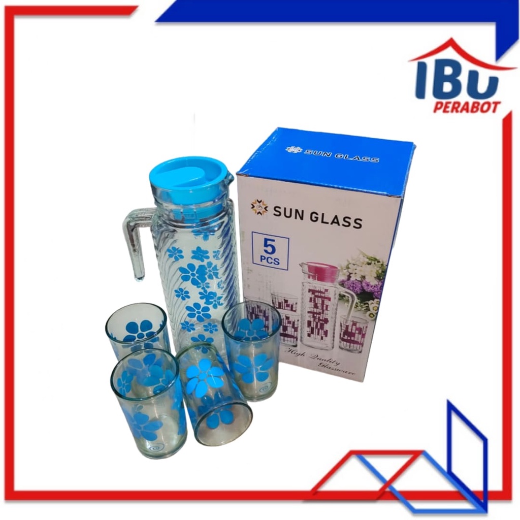 TEKO SET KACA MOTIF KIMGLASS 5PCS/Pitcher Teko Set /Drink Set Kimglass isi 5 pcs