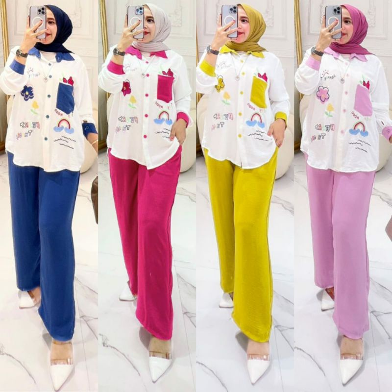 Kiyomi Set, SETELAN JUMBO WANITA MODIS CANTIK FIT XXL LD 120 BAHAN CRINCLE AIRFLOW IMPORT MIX BORDIR TERMURAH TERLARIS OOTD