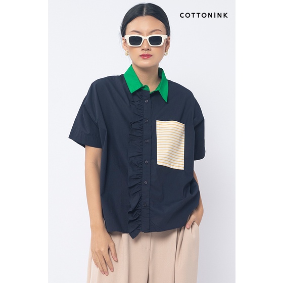 (Defect Sale) Cottonink - Kemeja Wanita Navy Blue Gaelan